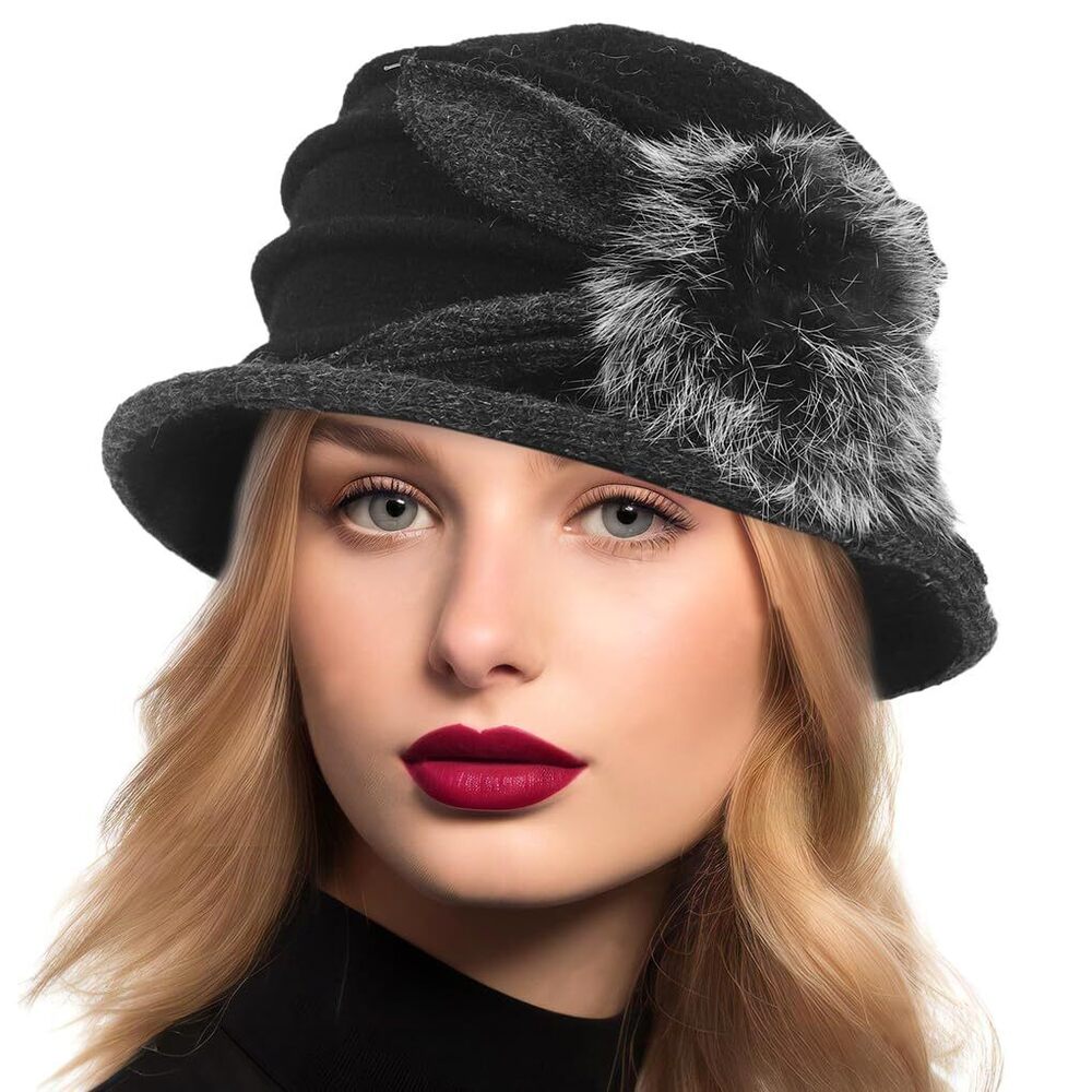 8583 Women Vintage Felt Bucket Hat Winter Wool Dress Beret Hat (c030-black)